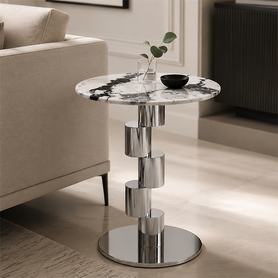 Helene Modern Marble-Effect Side Table with Chrome Sculptural Base