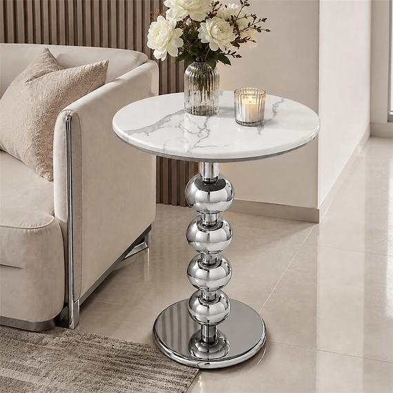 Sophia Modern Marble-Look Side Table with Chrome Sphere Pedestal