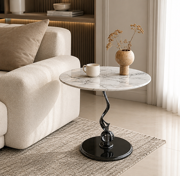 Arabella Modern Marble-Effect Side Table with Sculptural Black Pedestal Base