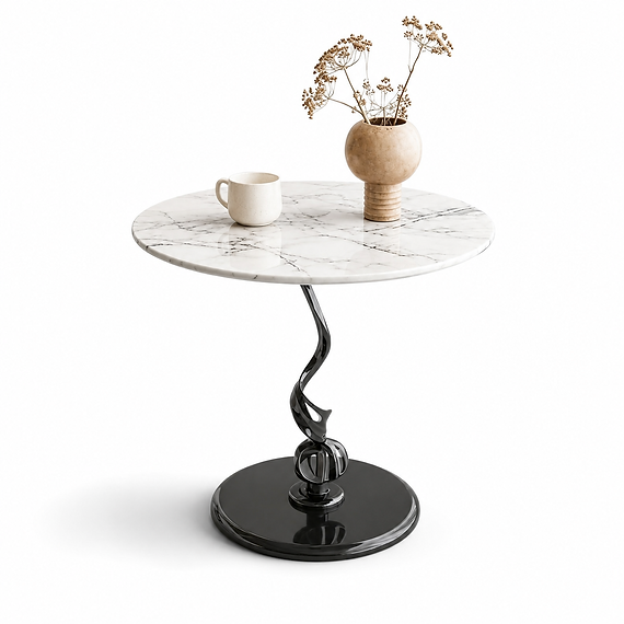 Arabella Modern Marble-Effect Side Table with Sculptural Black Pedestal Base