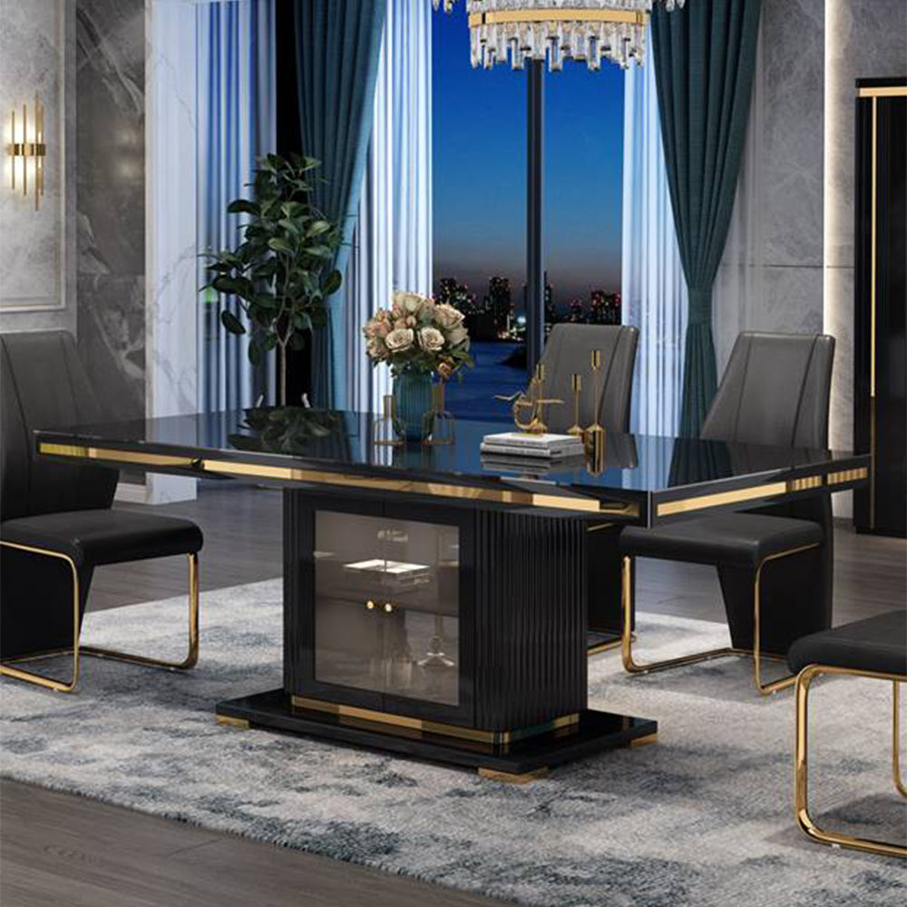 Atalia 7 Piece Modern Room Dining Set – Black & Gold Luxury Suite