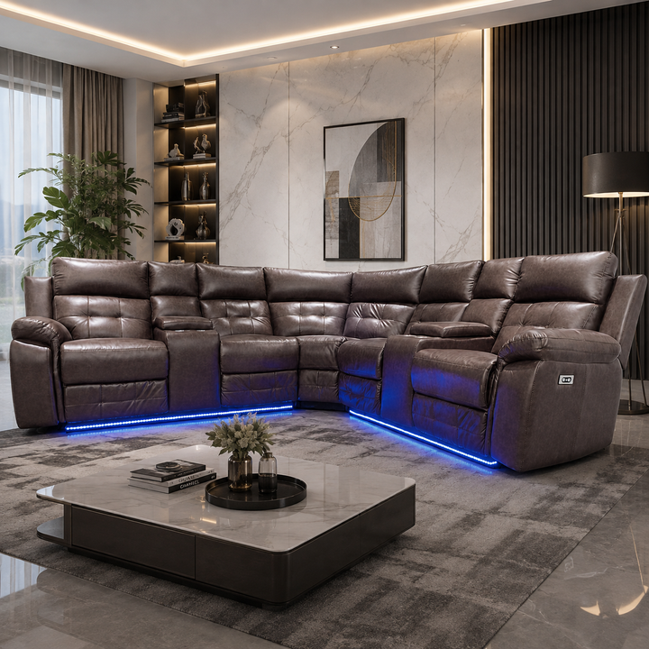 Lovisa L-Shaped Electric Recliner Corner Sofa with Blue LED Lighting