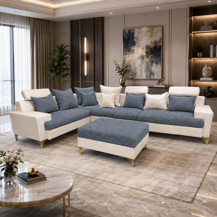 Maya L Shape Corner Sofa – Woven Fabric with Matching Ottoman