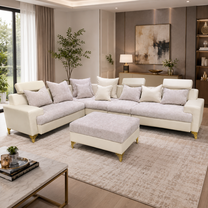 Maya L Shape Corner Sofa – Chenille Fabric with Matching Ottoman