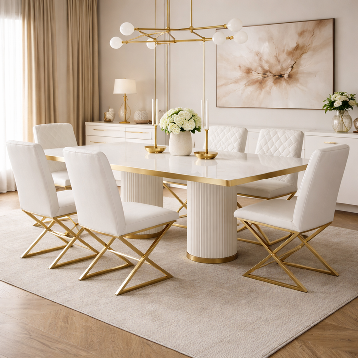 Denila Modern Room Dining Set – 7 Piece Marble & Gold Dining Suite