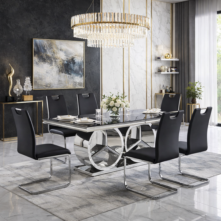 Merc Modern Room Dining Set – 7 Piece Contemporary Chrome Dining Suite