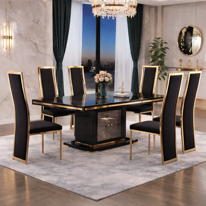 Atalia 7 Piece Modern Room Dining Set – Black & Gold Luxury Suite