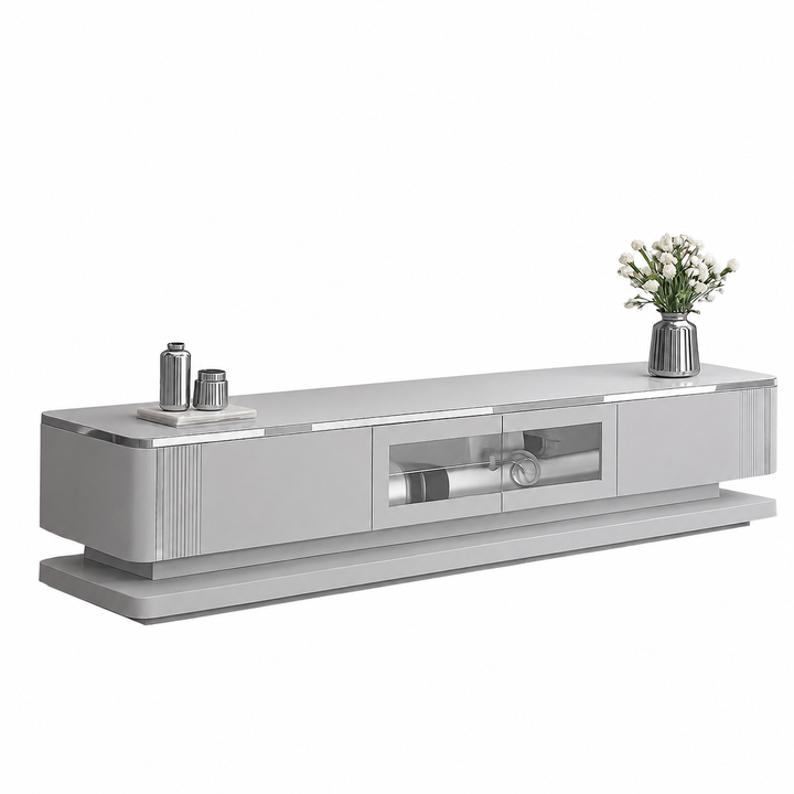 Kova Modern Gloss TV Stand with Gold Trim, Glass Display Storage
