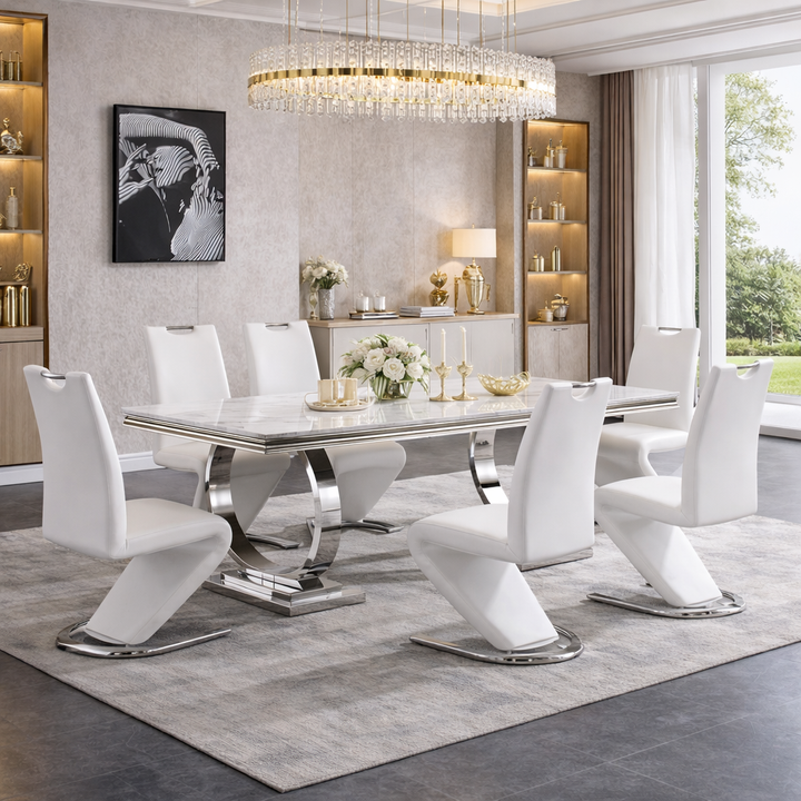 Elisa Modern Room Dining Set – 7 Piece Marble Look & Chrome Dining Suite