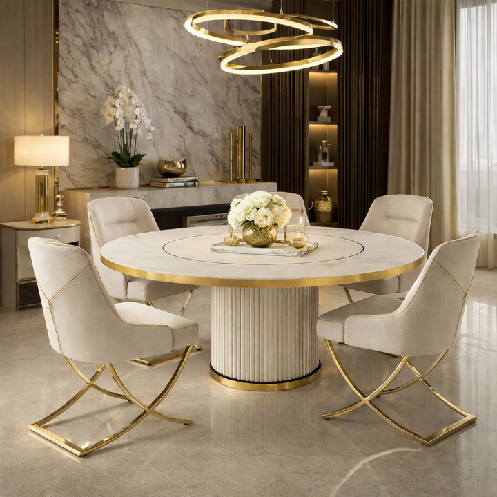 Mia Round Modern Room Dining Set – 5 Piece Marble & Gold Dining Suite
