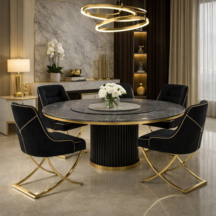 Mia Round Modern Room Dining Set – 5 Piece Marble & Gold Dining Suite
