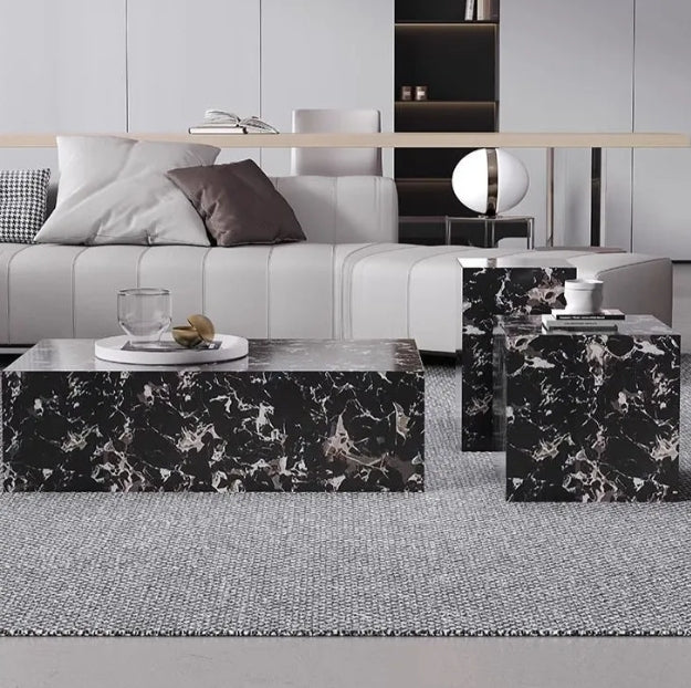 Dara Modern Black Marble-Effect Coffee Table &amp; Side Table Set