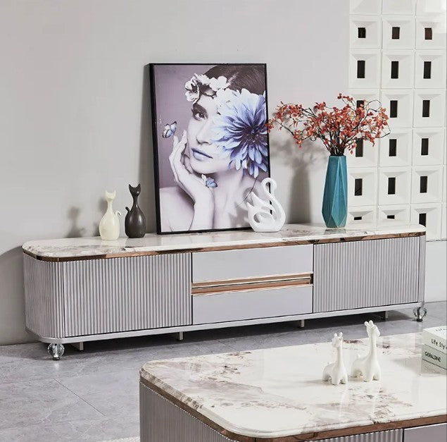 Eleanor Modern Plasma Stand with Marble-Look Top and Storage