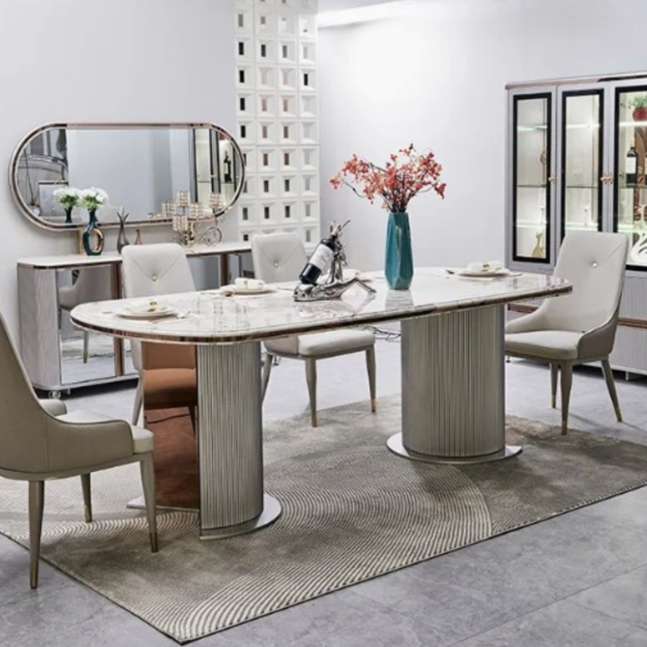 Eleanor Modern 8-Seater Marble Dining Table with Ribbed Pedestal Bases