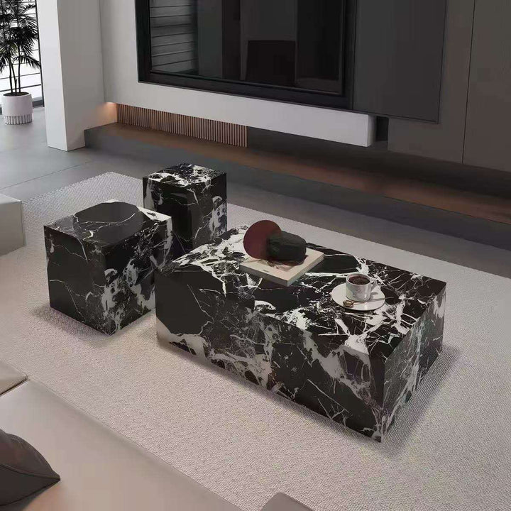 Dara Modern Black Marble-Effect Coffee Table &amp; Side Table Set