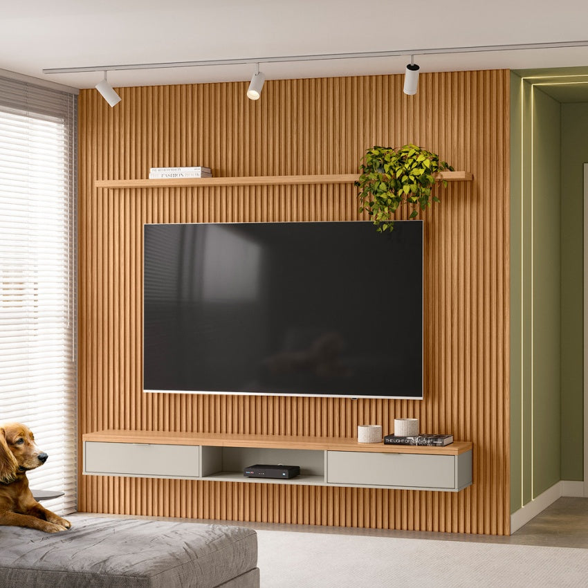 Demora Modular Slatted Panel 2.6m Plasma Stand With Shelf – Designer ...