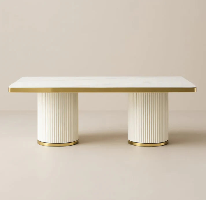 Denila Modern Room Dining Set – 7 Piece Marble & Gold Dining Suite